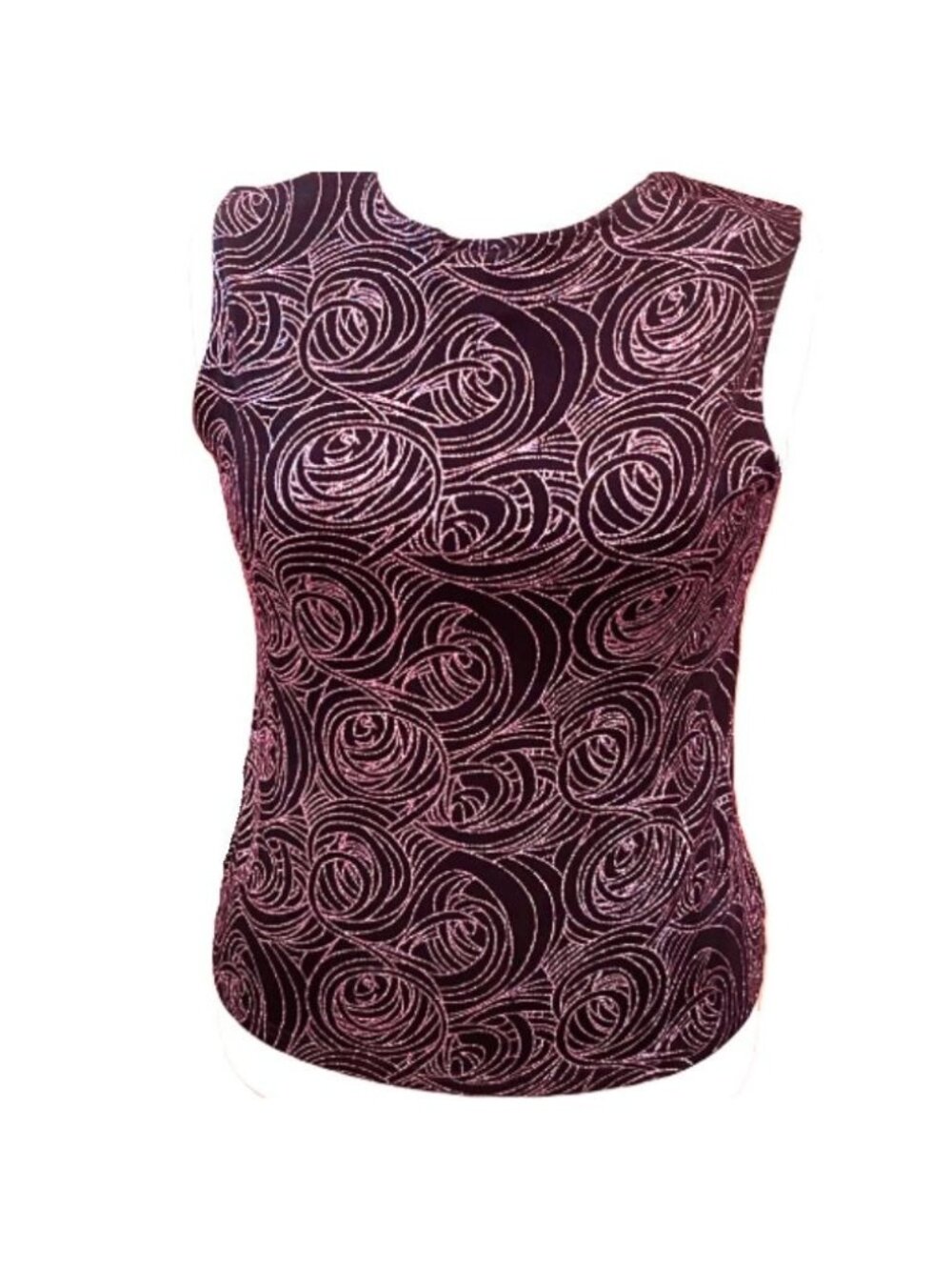 NWT Bay Studio Y2K Sleeveless Top PL Black Pink Glitter Rose Swirl Blouse Petite